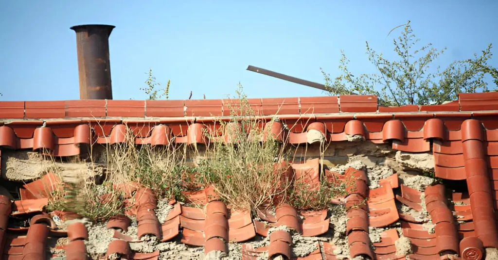 Close-up of an aging chimney with deteriorating mortar joints, featuring visible cracks and crumbling mortar between bricks, set against a clear blue sky, symbolizing the importance of maintenance for home safety.