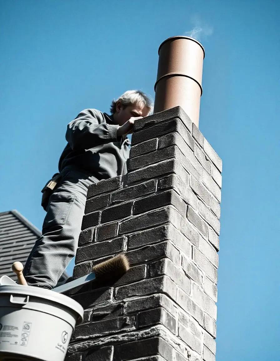 A professional chimney sweep is standing on the roof next to a brick chimney, inspecting it for maintenance. A bucket with tools, including a brush, is positioned nearby. The chimney appears well-built, and a faint stream of smoke is coming from the top, indicating active use. The scene is set against a bright blue sky, suggesting a clear day.






