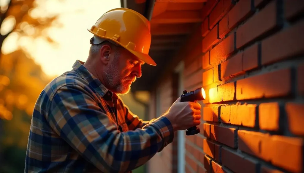 A man wearing a yellow hard hat and plaid shirt examines a brick wall closely with a flashlight. The warm sunlight in the background enhances the autumnal setting, creating a professional yet serene atmosphere.