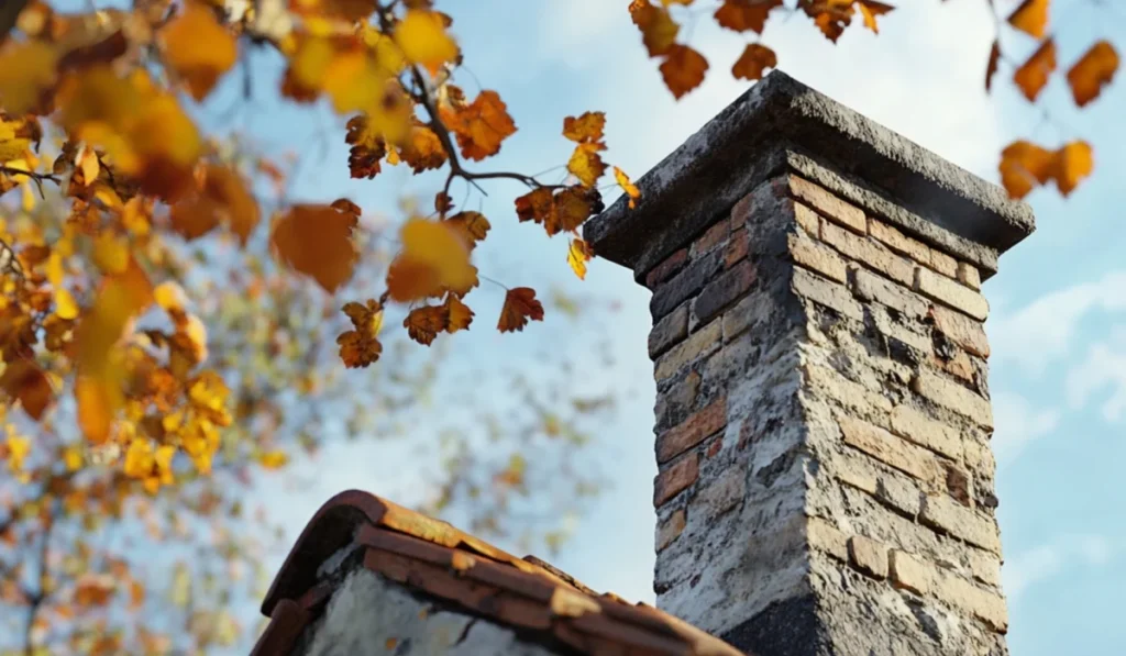 A close-up of a brick chimney with a metal chimney cap, surrounded by snow and icicles. The chimney appears well-maintained, with no visible damage or blockages, set against a clear blue sky and a winter landscape. The scene conveys a sense of calm and stability, suggesting proper chimney care during colder months.