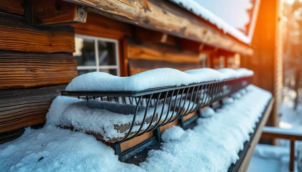 A snow-covered gutter guard attached to the edge of a wooden cabin roof, with icicles hanging from its edges. The wooden siding of the cabin is visible, with a frosted window reflecting soft sunlight. The scene is illuminated by a warm orange glow, contrasting with the crisp white snow and cold atmosphere, suggesting a winter setting.