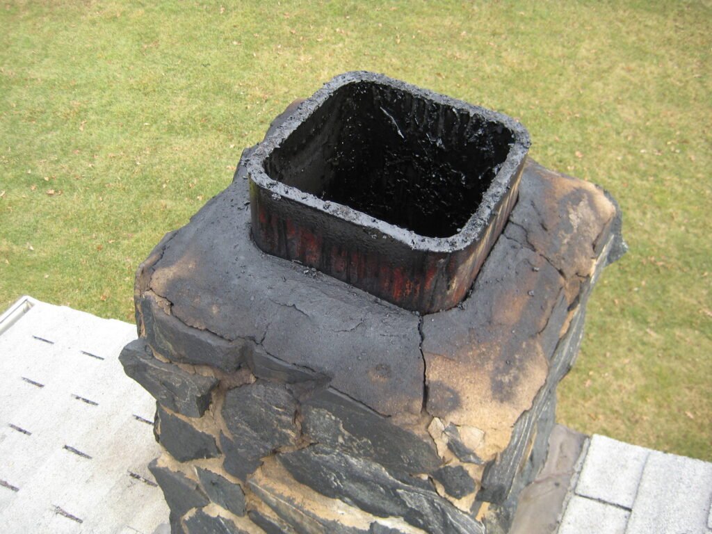 A close-up view of a metal chimney cap atop a brick chimney, with snow and frost accumulation along the edges. The clear blue sky provides a crisp winter backdrop, emphasizing the cold weather conditions.