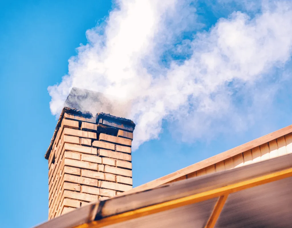 A modern black metal chimney cap sits atop a brick chimney, with some snow accumulated around its edges. The clear sky and sunlight illuminate the chimney, highlighting its sleek design and the winter setting.