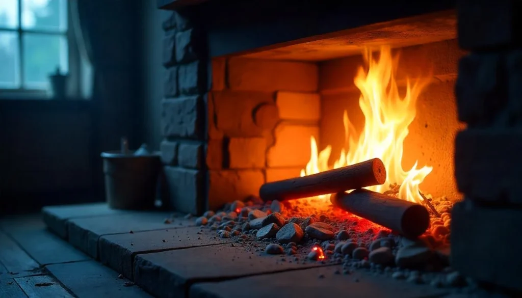 A close-up view of a cozy lit fireplace with logs burning brightly on a bed of stones. The warm orange flames contrast with the cool, dimly lit interior of the room, creating a relaxing ambiance.
