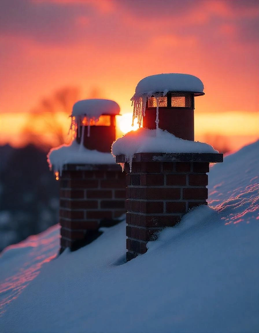 The image shows two snow-covered brick chimneys with icicles hanging from their dampers, set against a vibrant winter sunset. The warm glow of the sun contrasts beautifully with the cool tones of the snow and ice, creating a serene and picturesque scene.