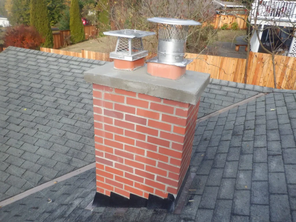 A close-up view of a brick chimney with visible water damage, including cracks, discoloration, and eroded mortar. The surrounding area shows signs of weathering, with green moss growing along the chimney’s base. The soft natural lighting and blurred background emphasize the damage.