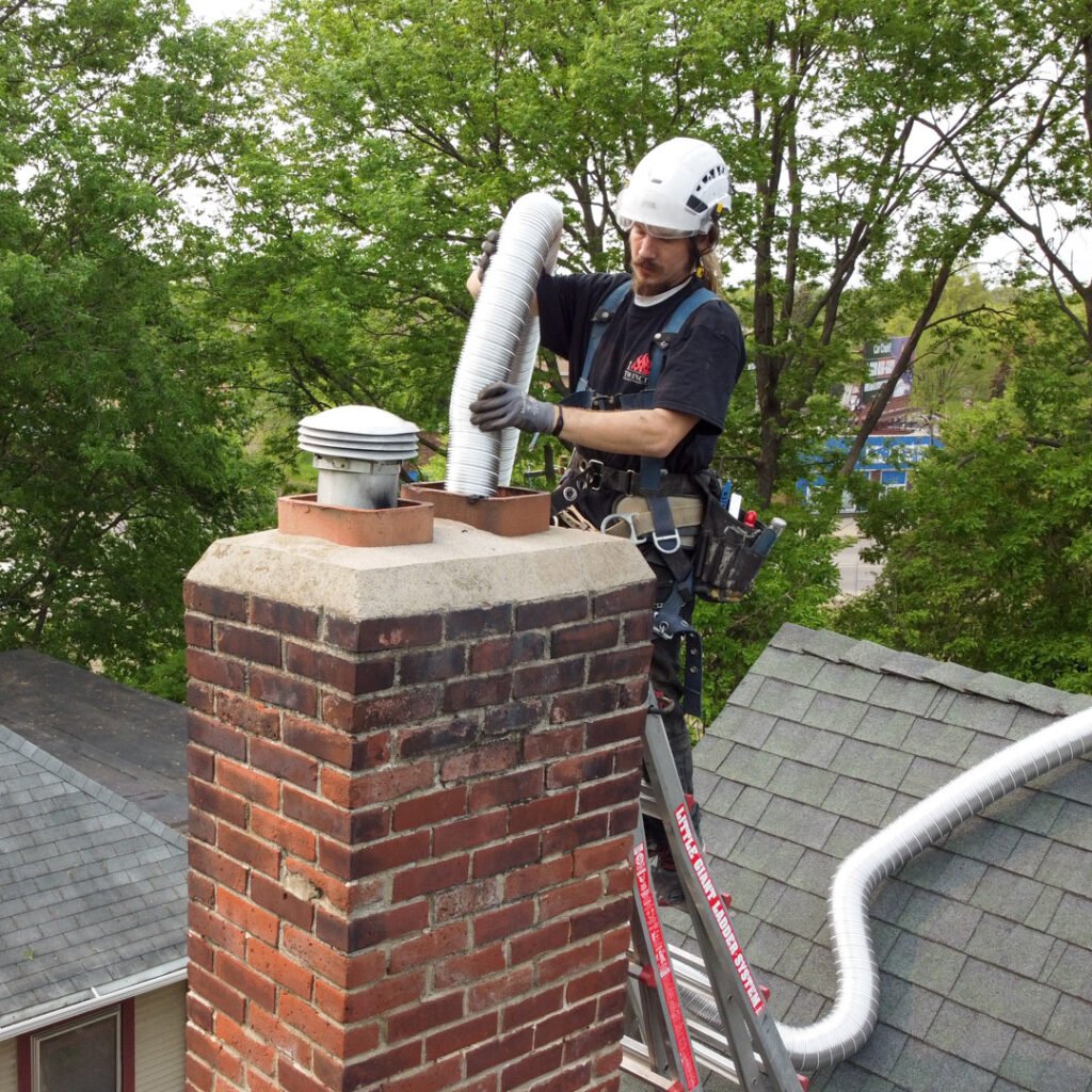 A close-up of a brick chimney showing significant water damage, with cracked and weathered bricks, eroded mortar, and moss growth at the base. The chimney is surrounded by greenery, indicating prolonged exposure to moisture. The soft lighting highlights the deterioration of the chimney's surface.