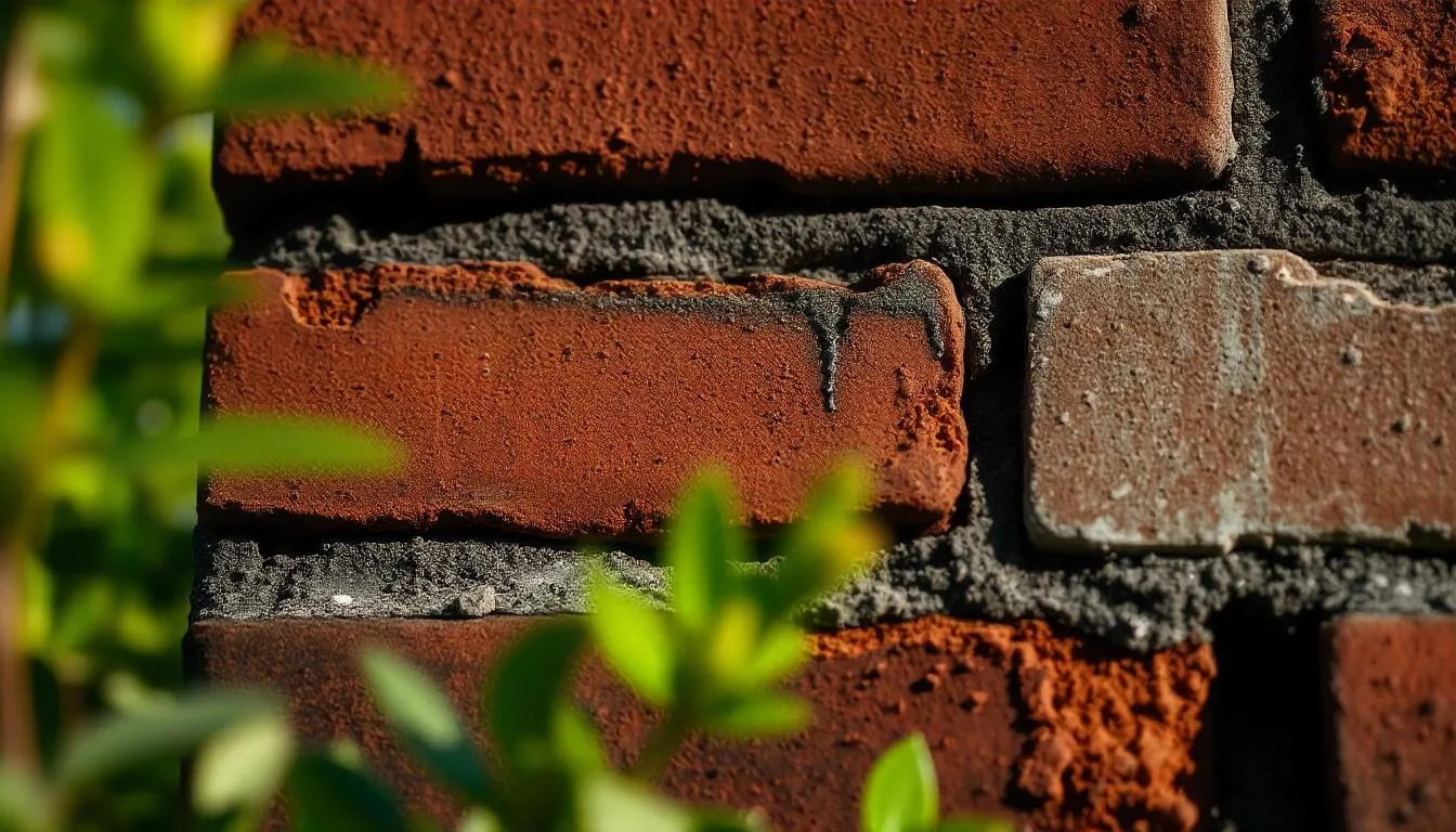 A close-up view of brick masonry showing signs of water damage. The bricks have dark stains and slight erosion, with deteriorating mortar between them. Green foliage in the foreground adds a natural element, contrasting with the weathered bricks. The lighting highlights the surface texture and damage.