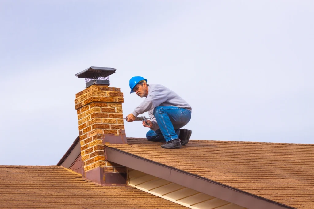 A close-up of a brick chimney with signs of wear, including cracks and discoloration on the surface. The chimney is surrounded by overgrown vines and moss, with part of a roof visible in the background. The weathered appearance emphasizes the need for maintenance and repair.