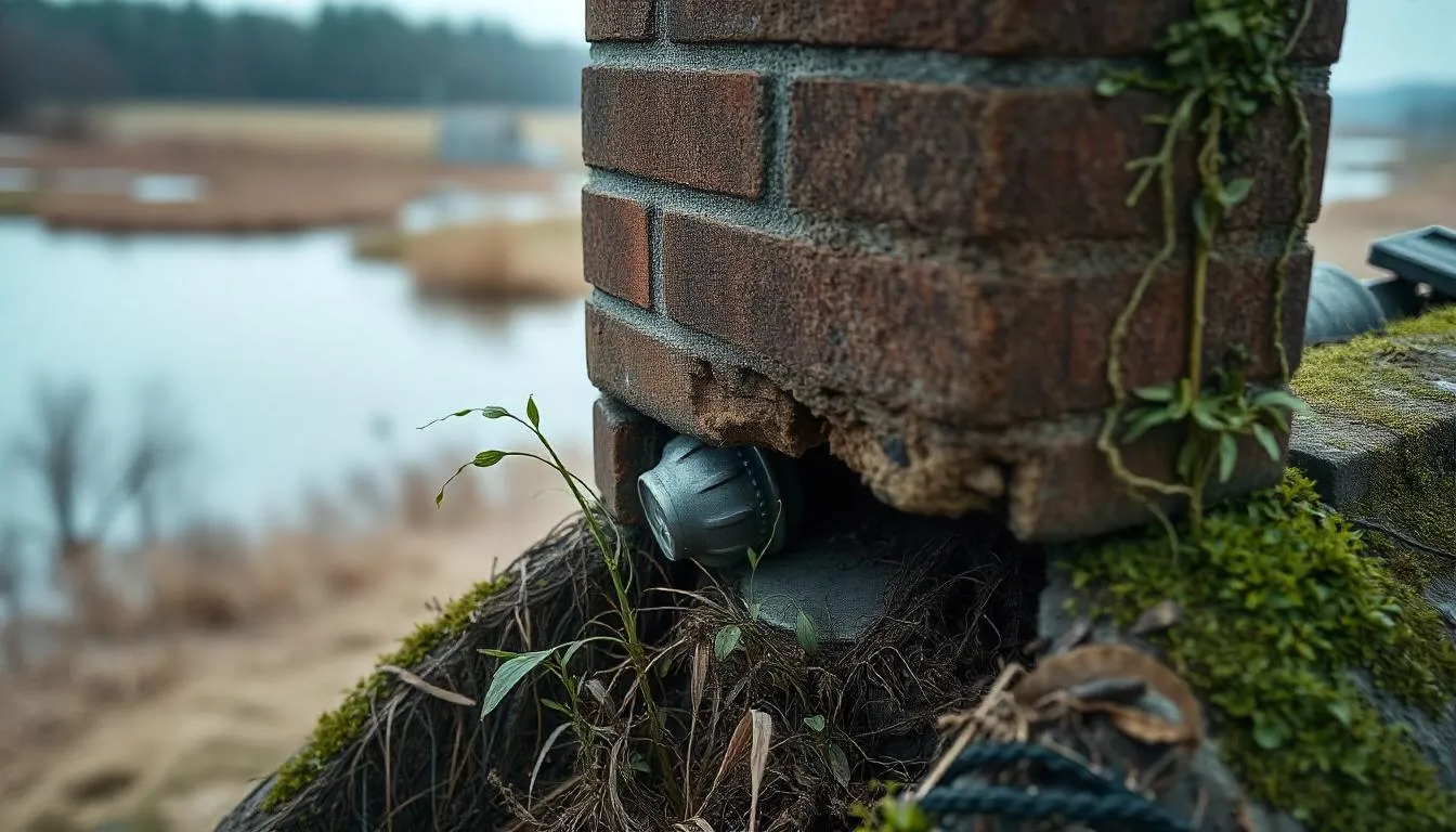 A close-up of a brick chimney with visible structural damage at its base, surrounded by moss and plant growth, near a flood-prone wetland area in the background.