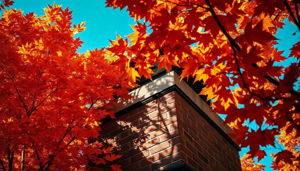 A brick chimney partially framed by vibrant autumn foliage, with bright red leaves illuminated by sunlight against a clear blue sky. The leaves create intricate shadows on the chimney, emphasizing the seasonal setting and potential for blockages caused by falling debris. The image captures the contrast between the warm tones of the leaves and the structured brickwork.