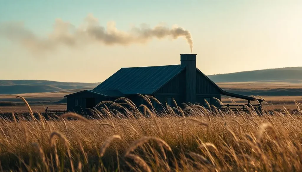 A rustic house with a metal roof is surrounded by golden tall grass in an open field during sunset. Smoke gently rises from the chimney, blending with the serene sky, while rolling hills create a peaceful rural backdrop.