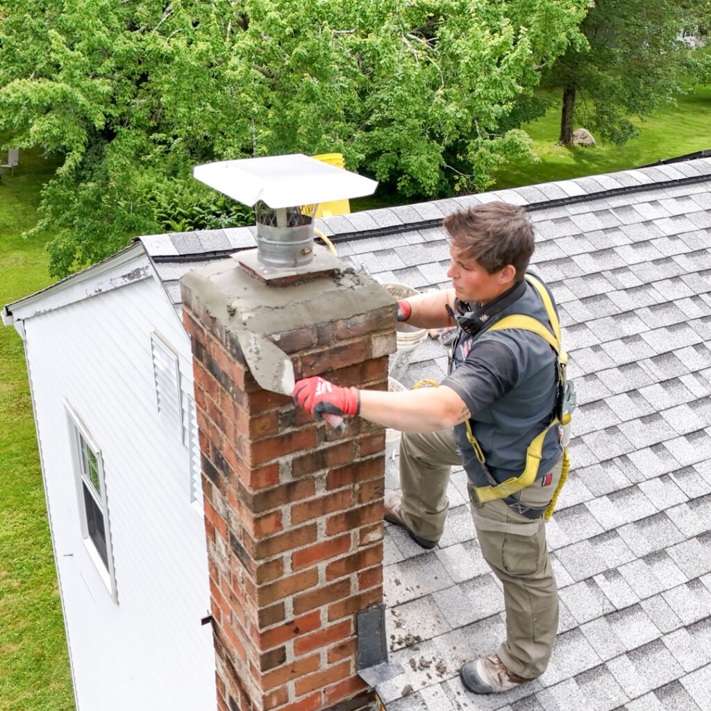 A man installs a chimney on a brick house, demonstrating skilled craftsmanship and home improvement efforts.