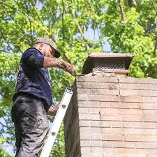 A worker on a ladder performing maintenance on a brick chimney outdoors, surrounded by lush green trees under bright daylight.