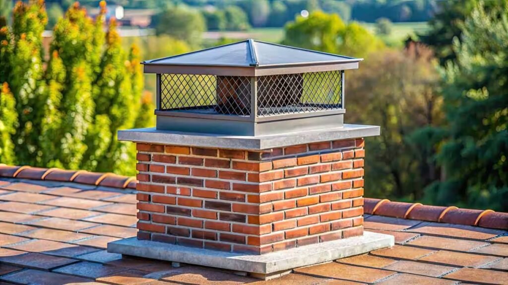 "Image of a brick chimney with a metal chimney cap featuring a mesh design, installed on a tiled roof with a green, scenic background."