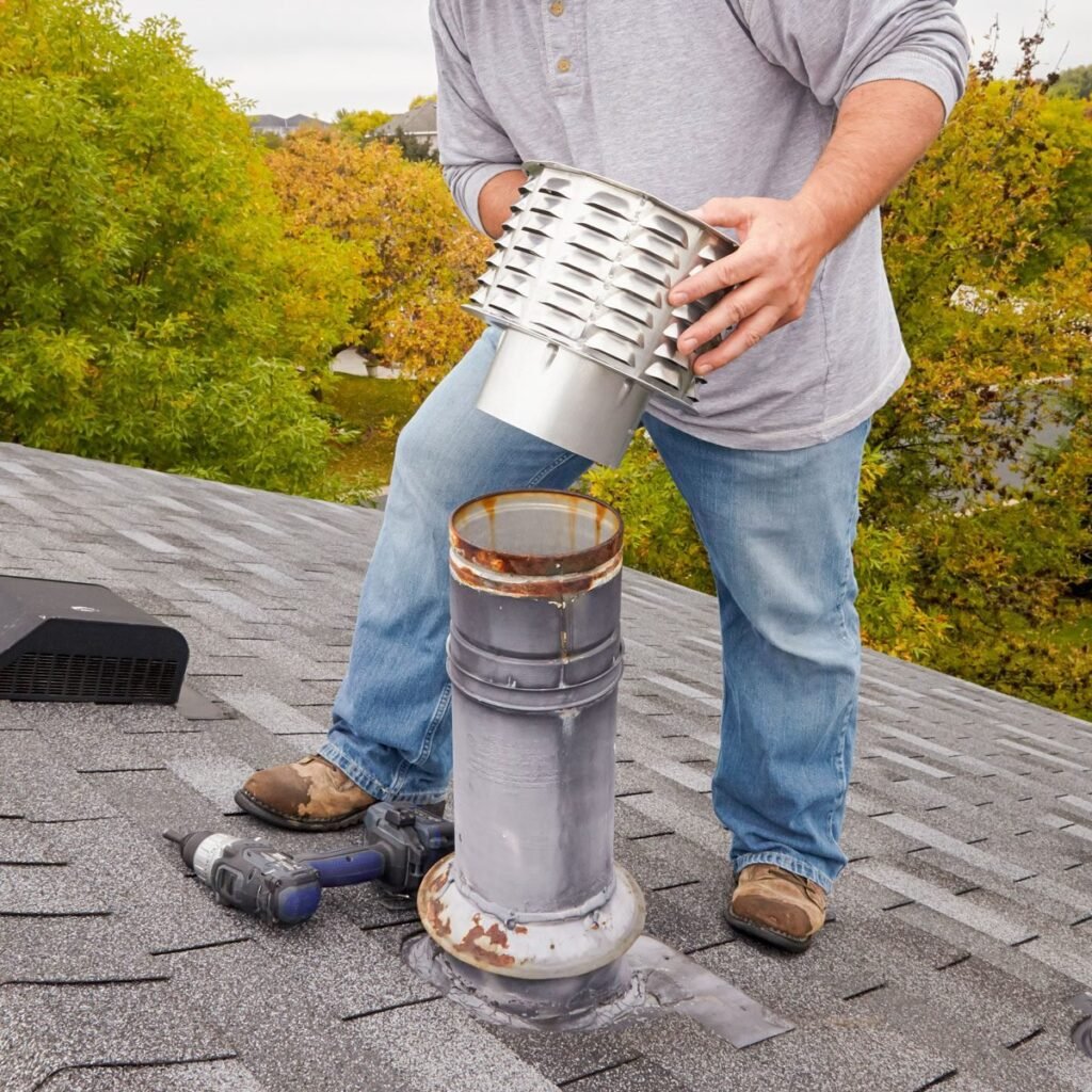 Person installing a metal chimney cap on a prefabricated chimney pipe on a shingled roof, surrounded by trees and a clear outdoor setting.