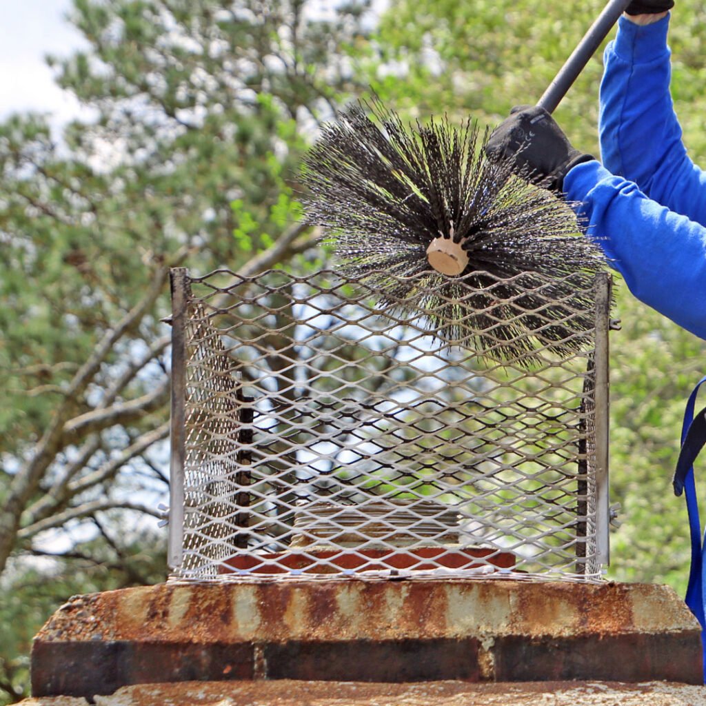 A chimney sweep uses a long brush to clean a chimney cap. The cap is made of metal and has a mesh screen to prevent debris from entering the chimney.

