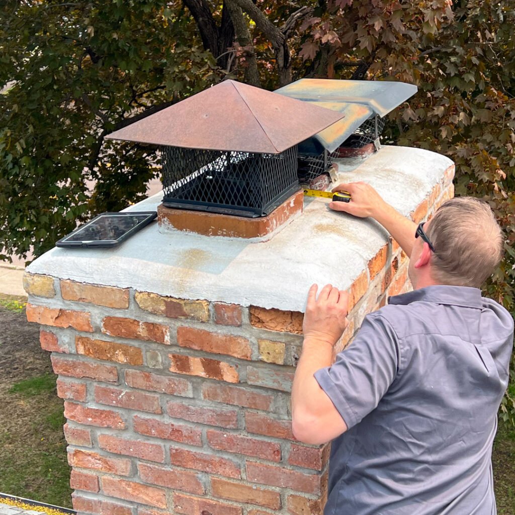 A man is diligently repairing a brick chimney, showcasing his craftsmanship and attention to detail.