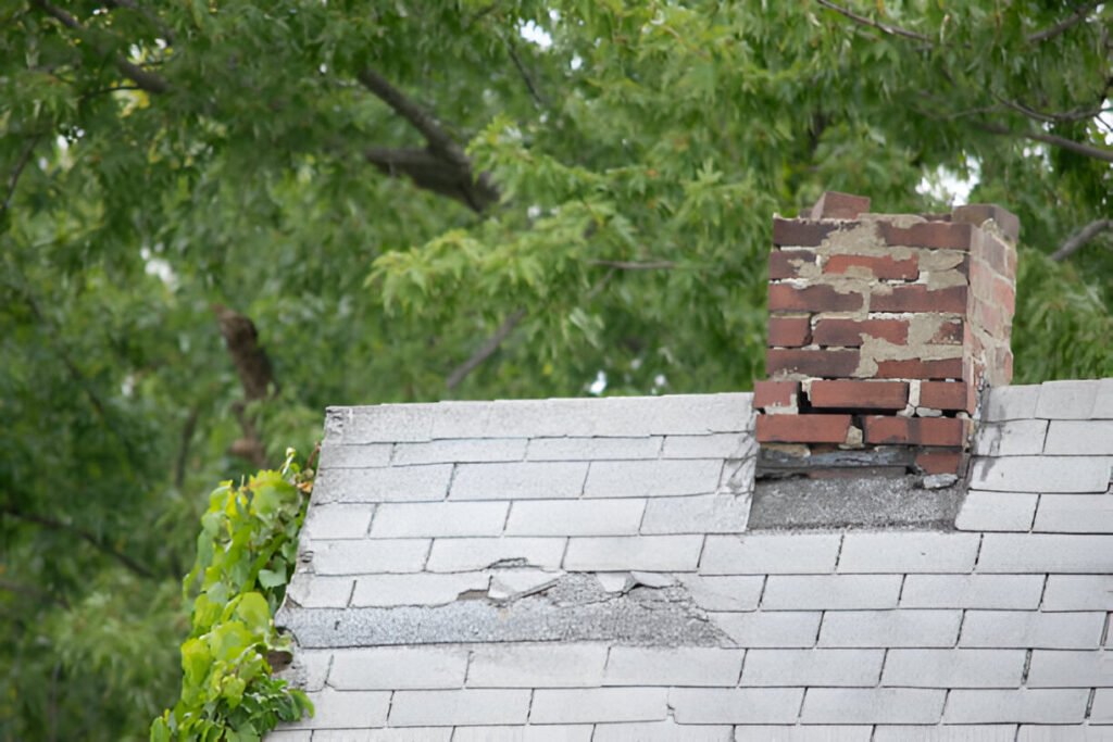 A chimney featuring a broken brick at its peak, highlighting wear and potential maintenance needs.