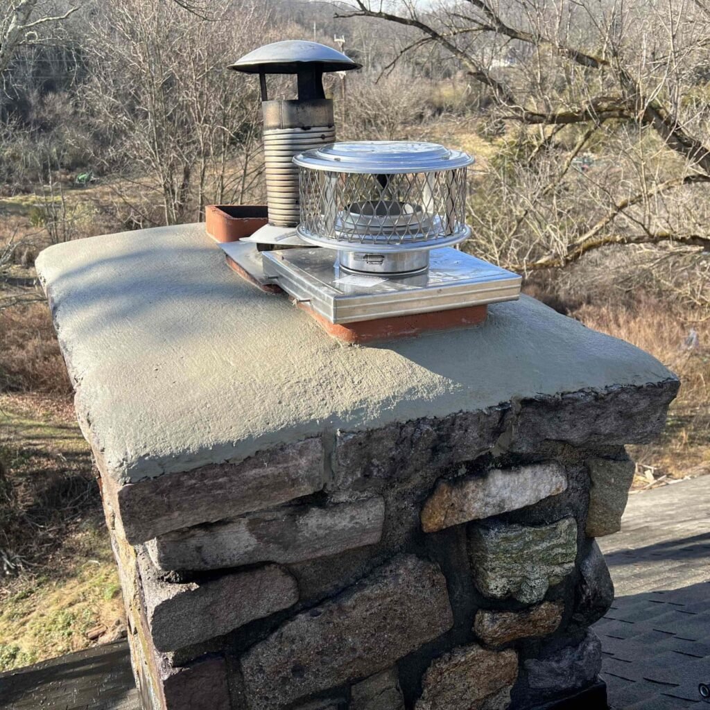 A stone chimney topped with a metal stove, showcasing a blend of rustic and functional design elements.