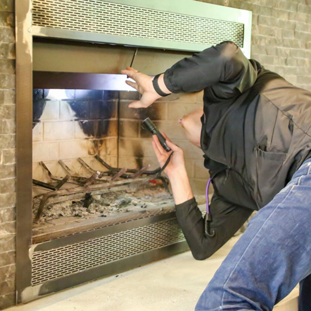 A man repairs a fireplace using a metal tool, demonstrating skill and focus in his work.