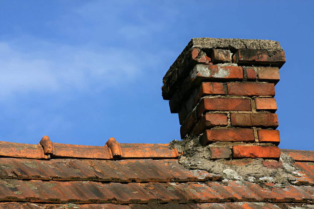  damaged brick chimney with visible cracks and deterioration on a rooftop, showing signs of wear due to weather exposure and aging.