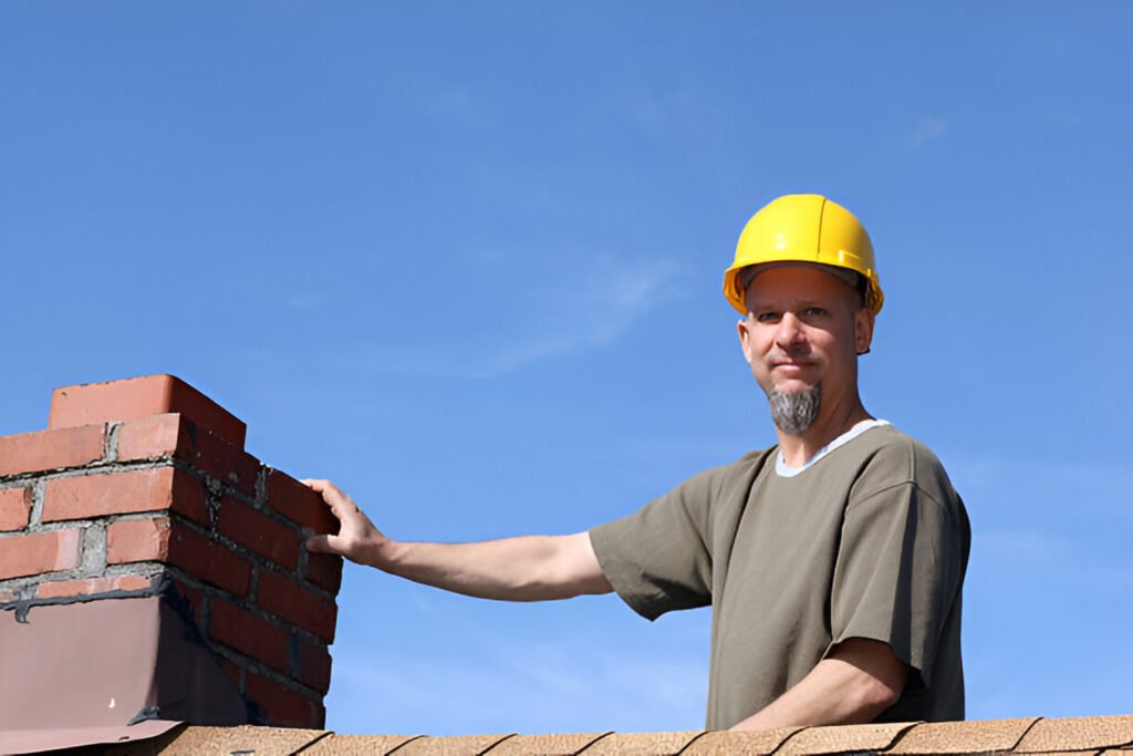 chimney inspector wearing a yellow hard hat examines a brick chimney on a rooftop under a clear blue sky, ensuring its structural integrity and safety.