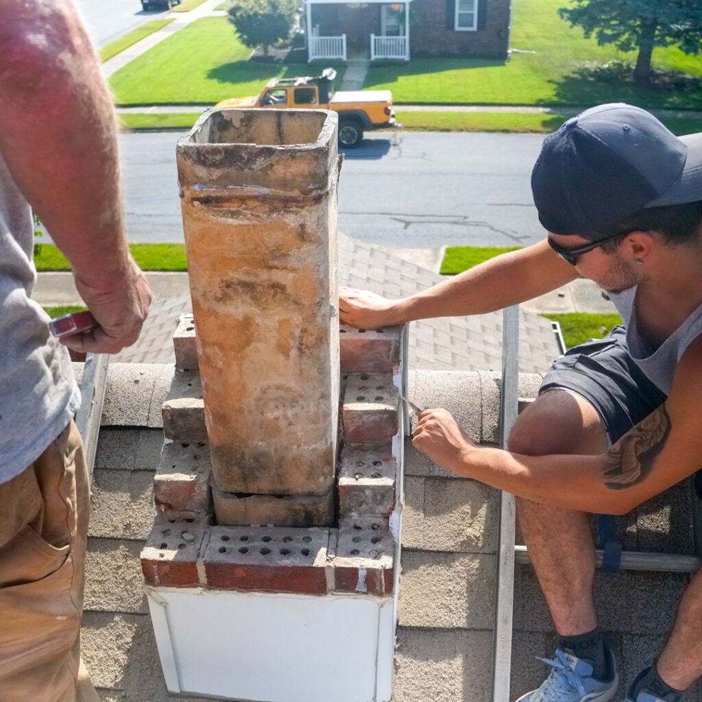 Two men collaborating on the construction of a brick chimney, demonstrating teamwork and skilled craftsmanship.