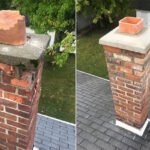 A damaged brick chimney on a shingle roof with a cracked concrete crown and a broken flue liner.
