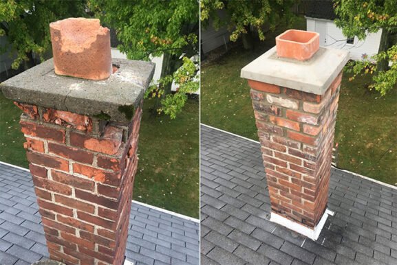 A damaged brick chimney on a shingle roof with a cracked concrete crown and a broken flue liner.