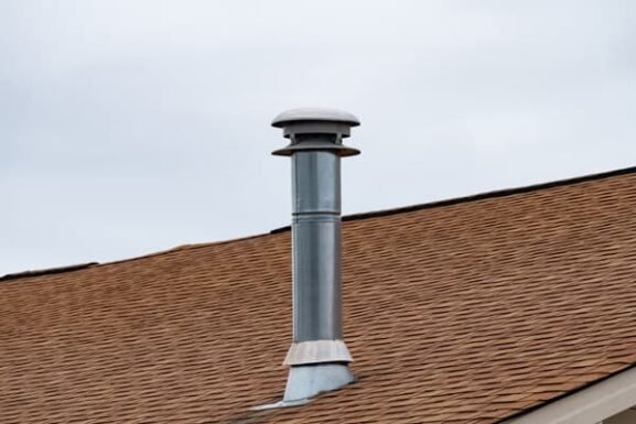 A tall, grey metal chimney flue pipe with a rain cap extending from a brown shingle roof under an overcast sky.